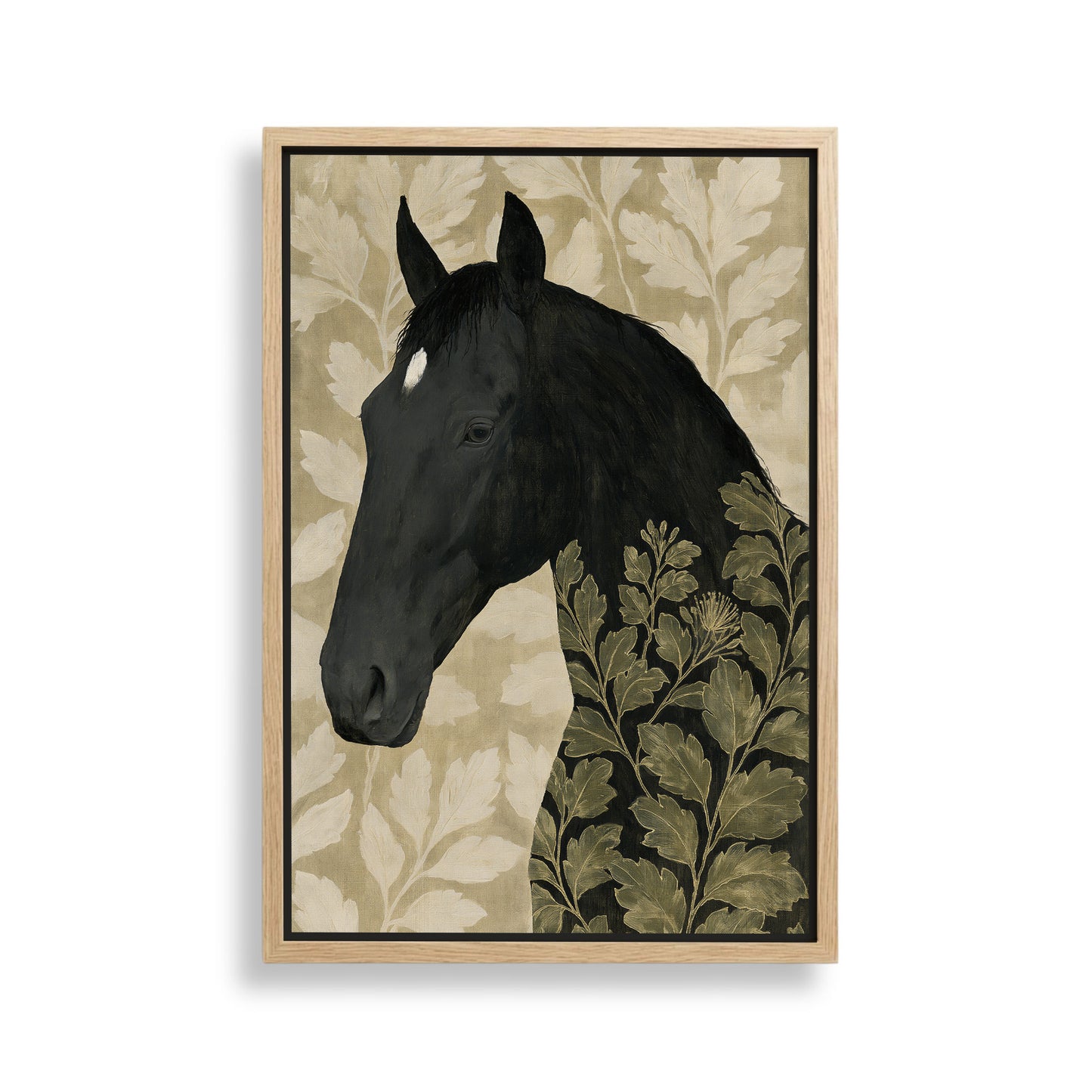 The image is a framed painting depicting a black horse with a leafy background.