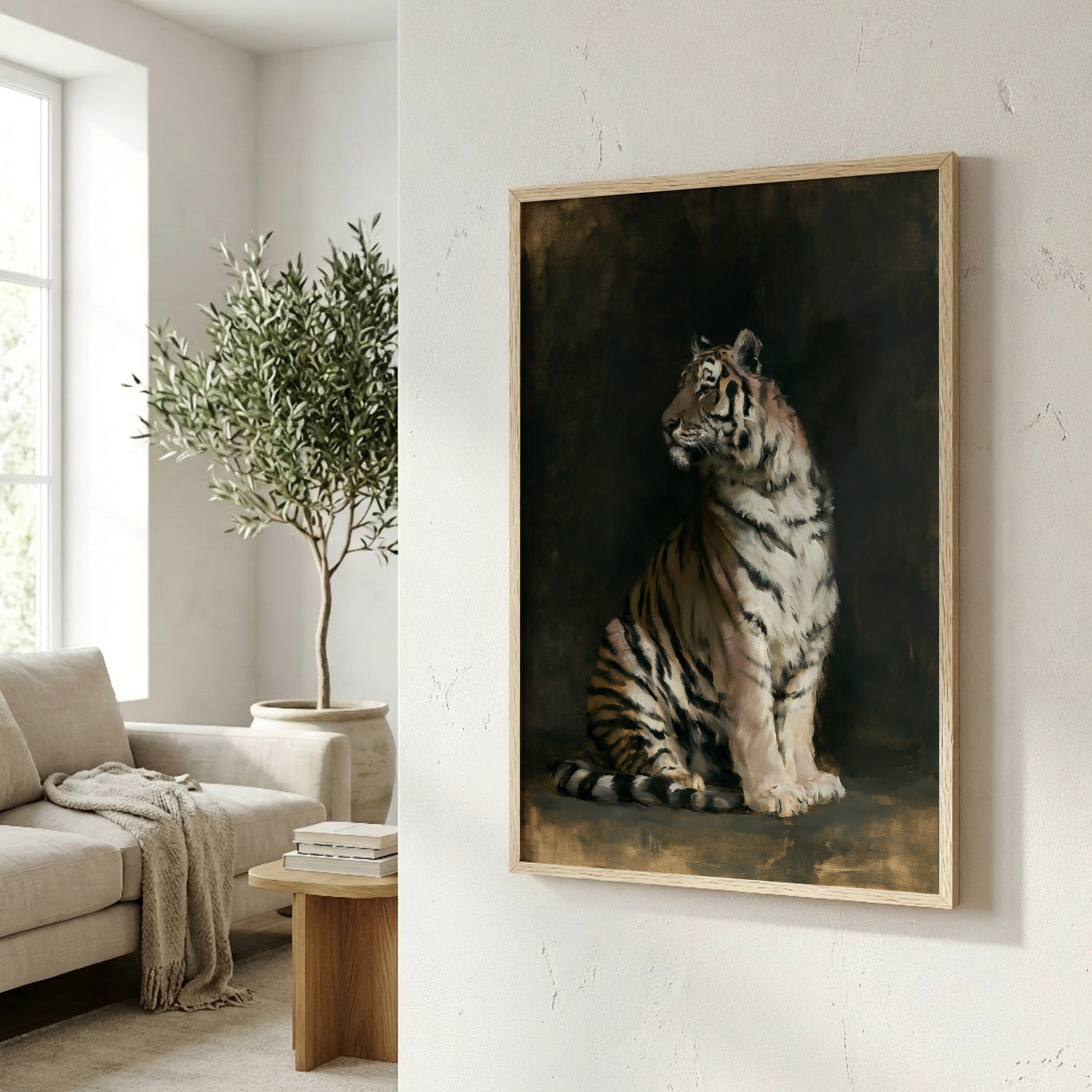 a framed painting of a tiger sitting on a surface, with a cozy living room scene in the background.