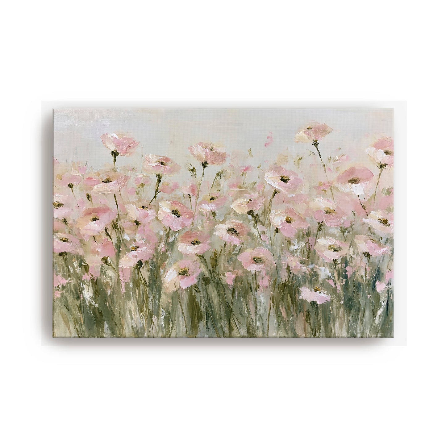 a field of pink flowers with green stems, creating a serene and natural scene.