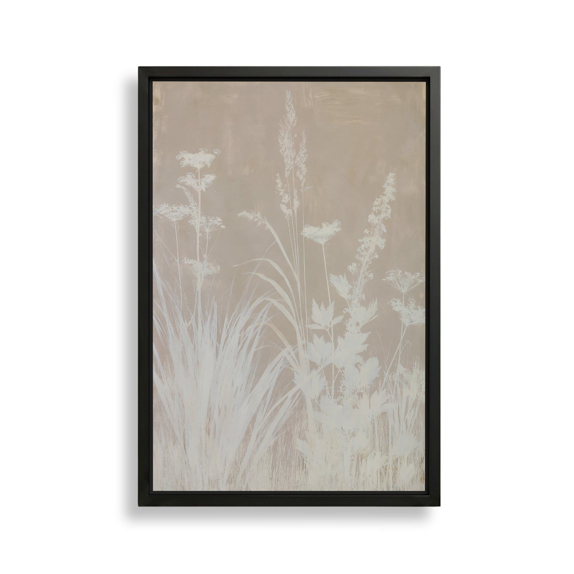 The image is a framed artwork depicting a serene landscape with tall grasses and delicate flowers.