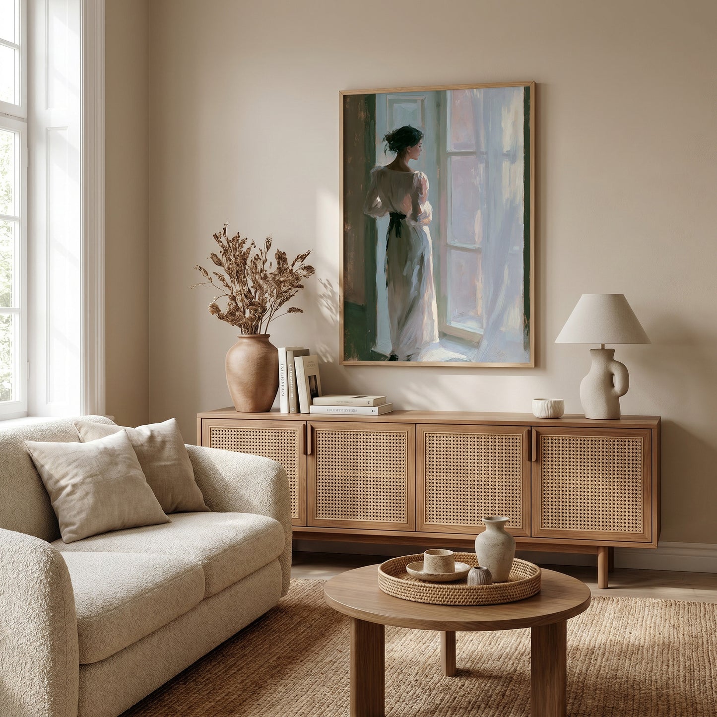 a serene living room with a large painting of a woman standing by a window, a beige sofa, a wooden sideboard, and a round coffee table.