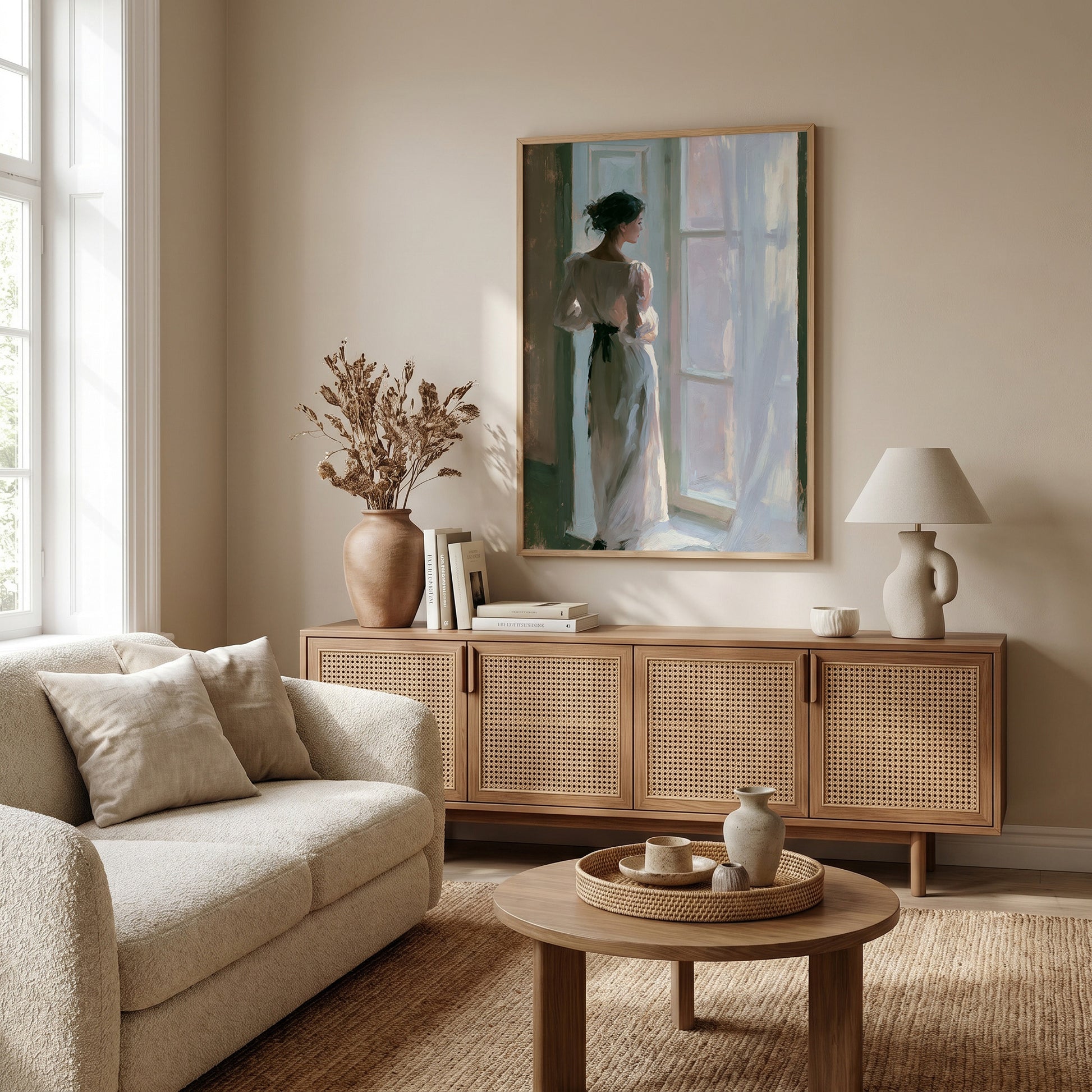 a serene living room with a large painting of a woman standing by a window, a beige sofa, a wooden sideboard, and a round coffee table.