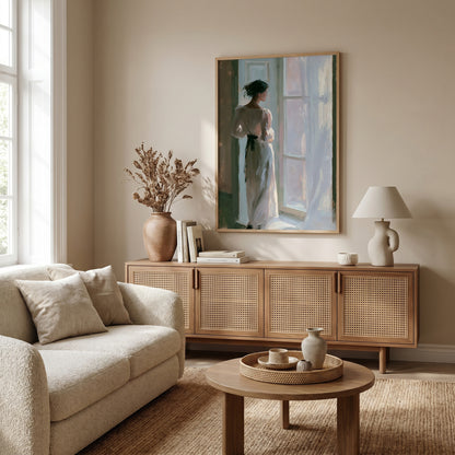 a serene living room with a large painting of a woman standing by a window, a beige sofa, a wooden sideboard, and a round coffee table.