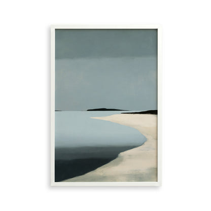 The image is a framed painting depicting a serene beach scene with a calm body of water and a sandy shoreline.
