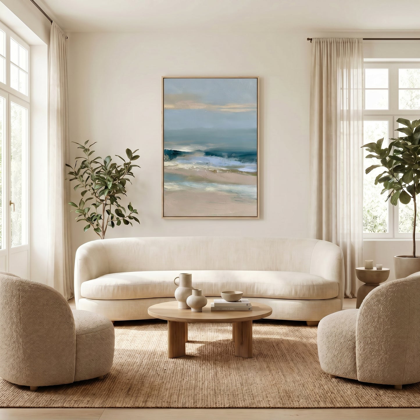 a serene living room with a large painting of a beach scene hanging on the wall. The room is furnished with a white sofa, two armchairs, and a wooden coffee table. The room is decorated with potted plants and vases, creating a calm and inviting atmosphere.