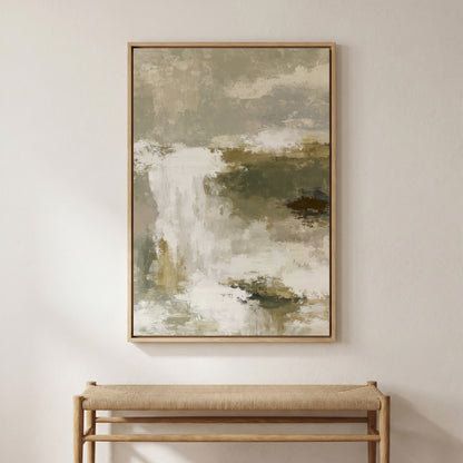 a large abstract painting hanging on a white wall above a wooden bench.