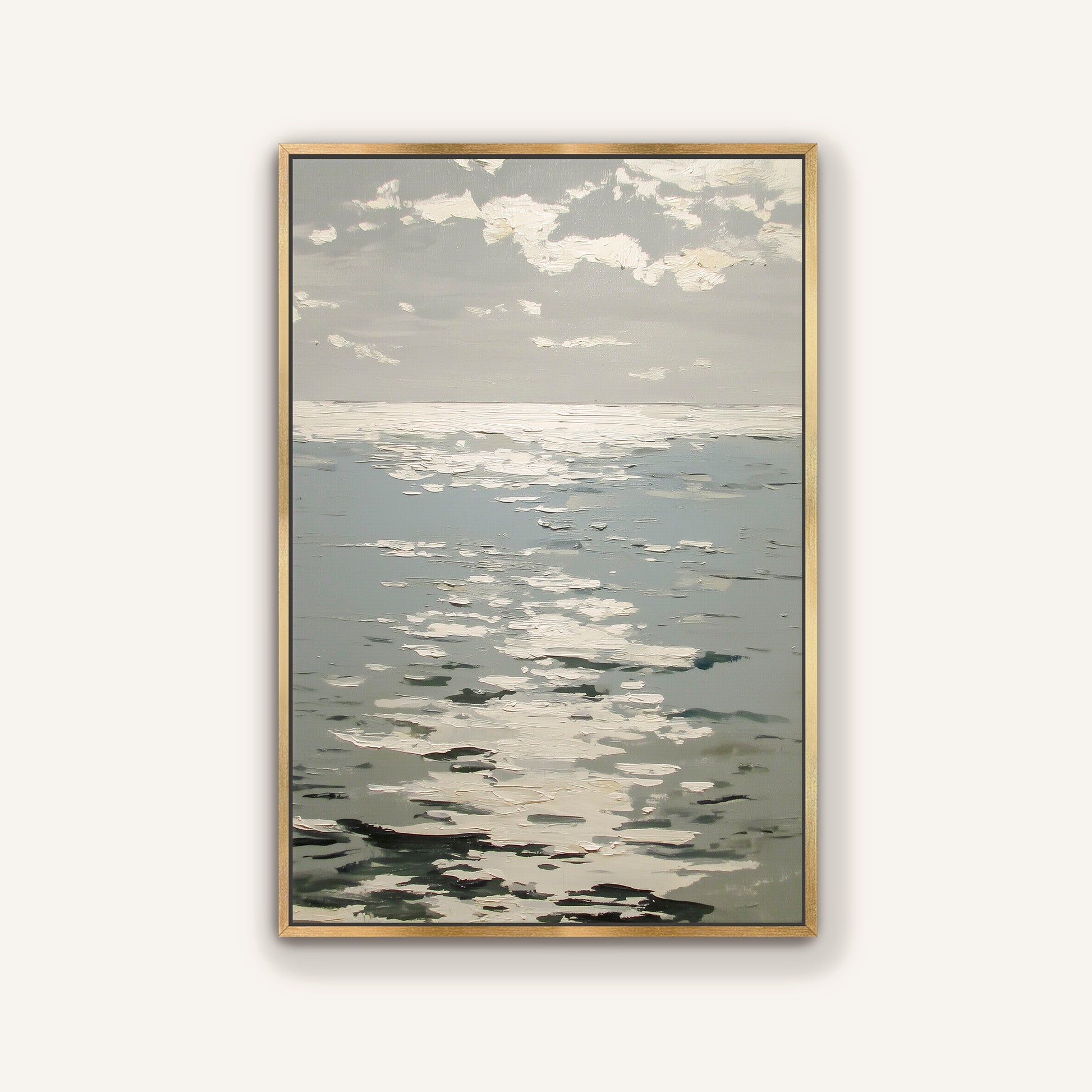 The image is a painting depicting a serene ocean scene with a cloudy sky above.