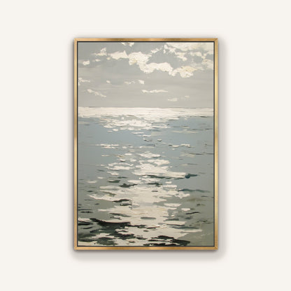 The image is a painting depicting a serene ocean scene with a cloudy sky above.