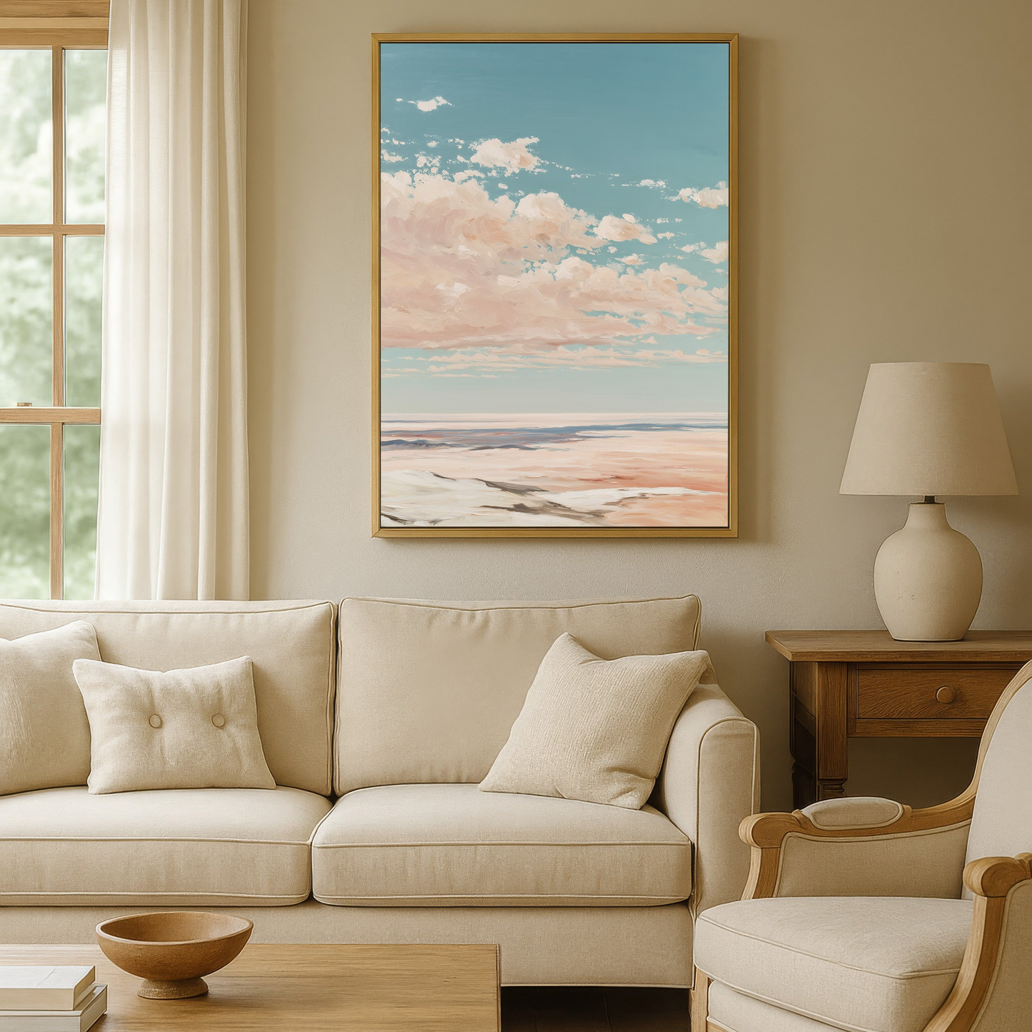 a cozy living room with a large window, a beige sofa, a wooden coffee table, and a framed landscape painting hanging on the wall.