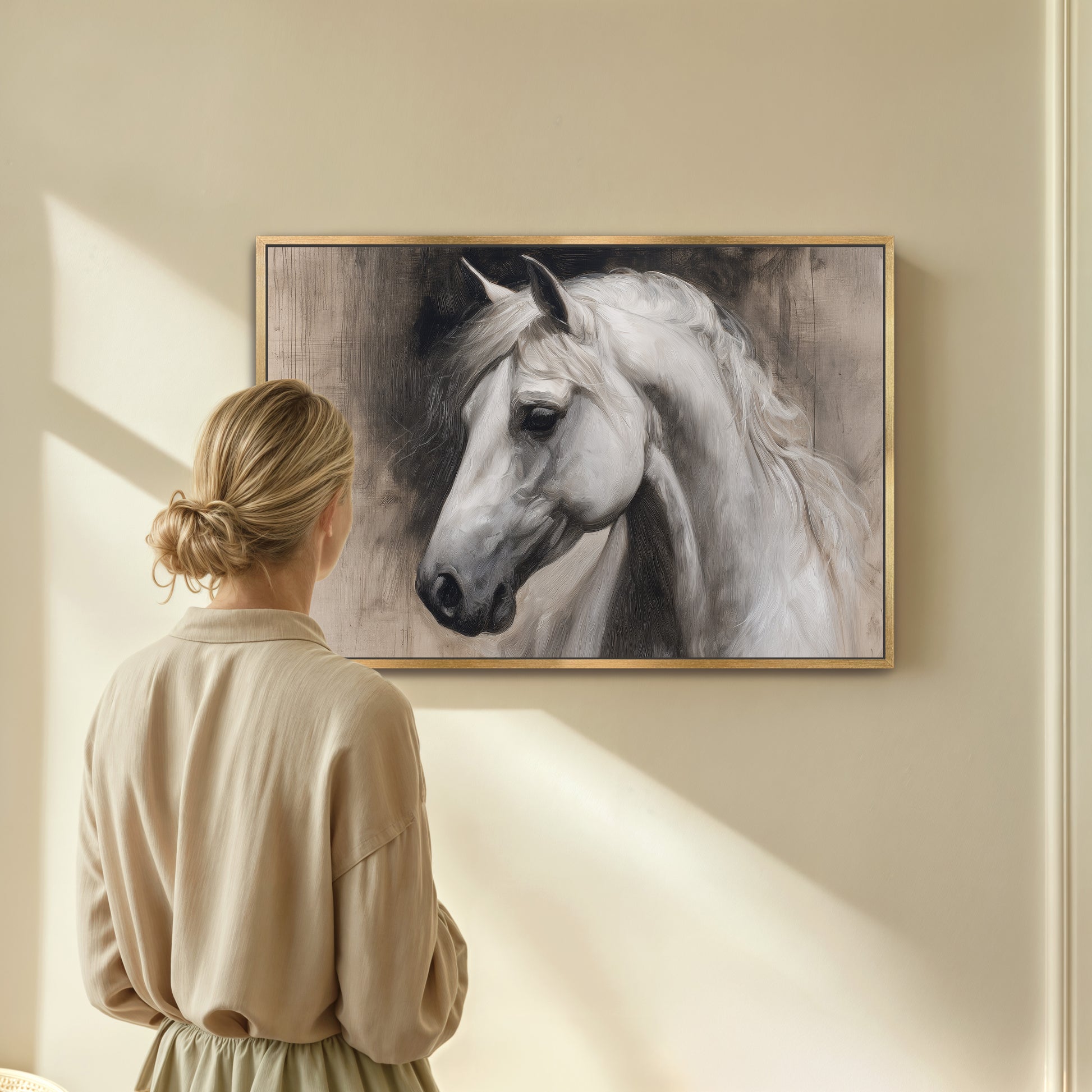A woman is standing in front of a large painting of a horse, looking at it with interest.