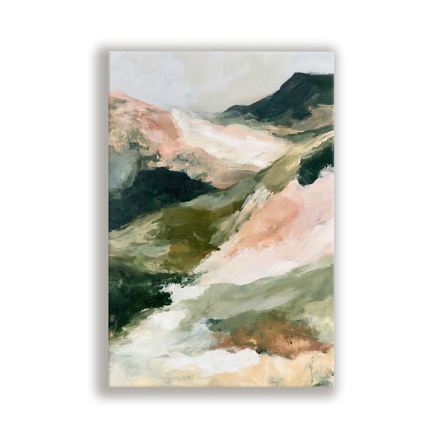 The image is an abstract landscape painting featuring a blend of green, pink, and brown colors, creating a sense of depth and movement.