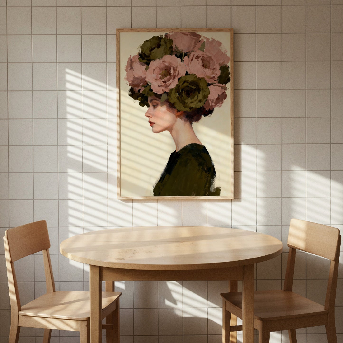 a framed painting of a woman with a large floral headdress, hanging on a wall above a round wooden table with two chairs.