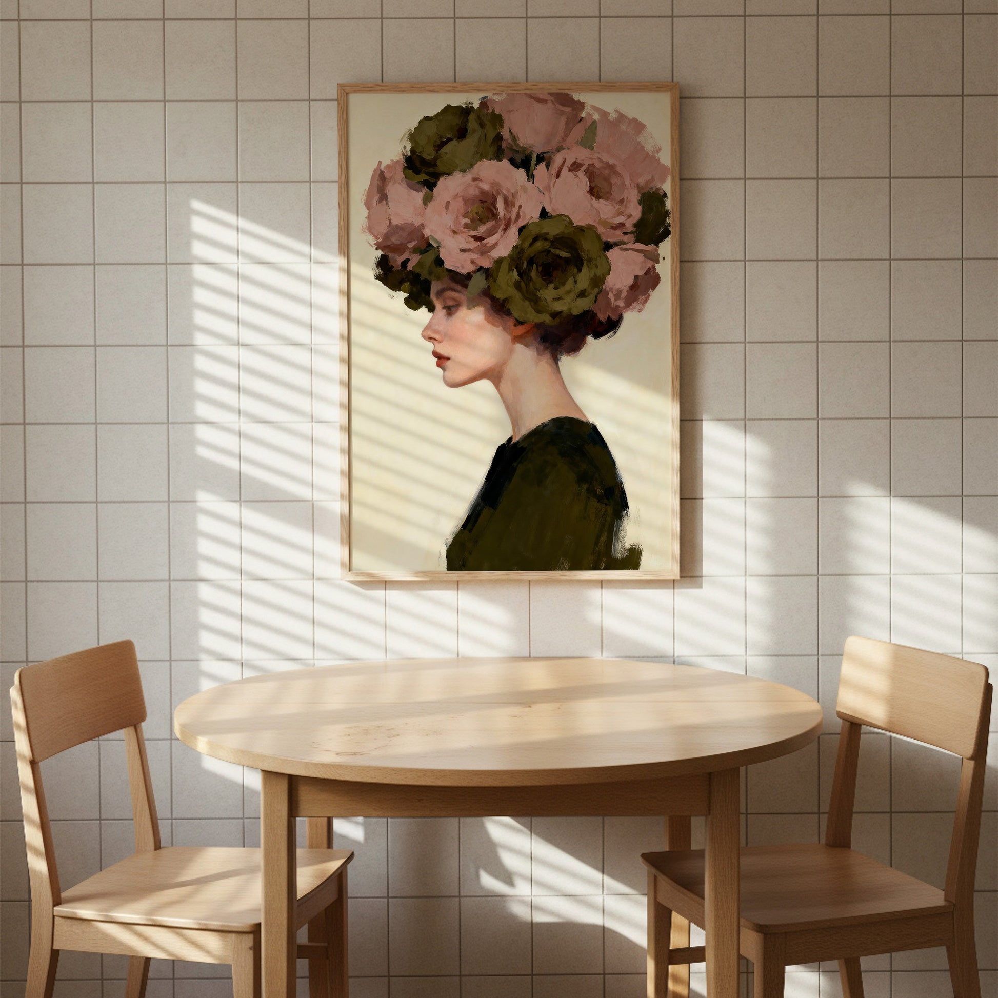 a framed painting of a woman with a large floral headdress, hanging on a wall above a round wooden table with two chairs.