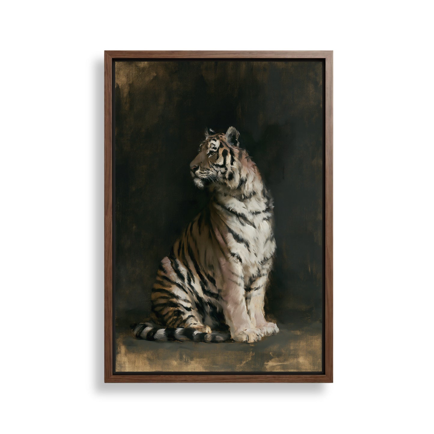 A painting of a tiger sitting in a dark, moody setting.