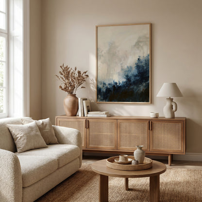 a cozy living room with a beige sofa, a wooden sideboard, and a large abstract painting on the wall. The room has a neutral color palette and features a large window that allows natural light to fill the space.