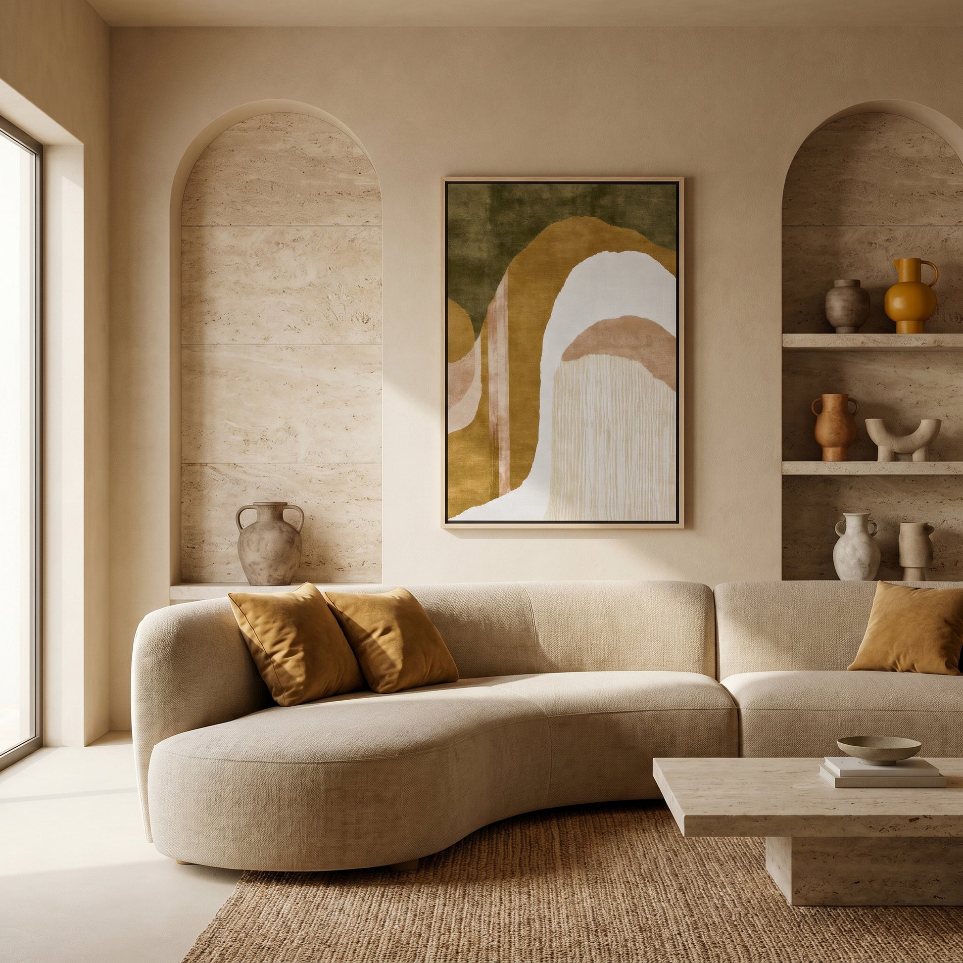 a modern living room with a curved beige sofa, a wooden coffee table, and a large abstract painting on the wall.