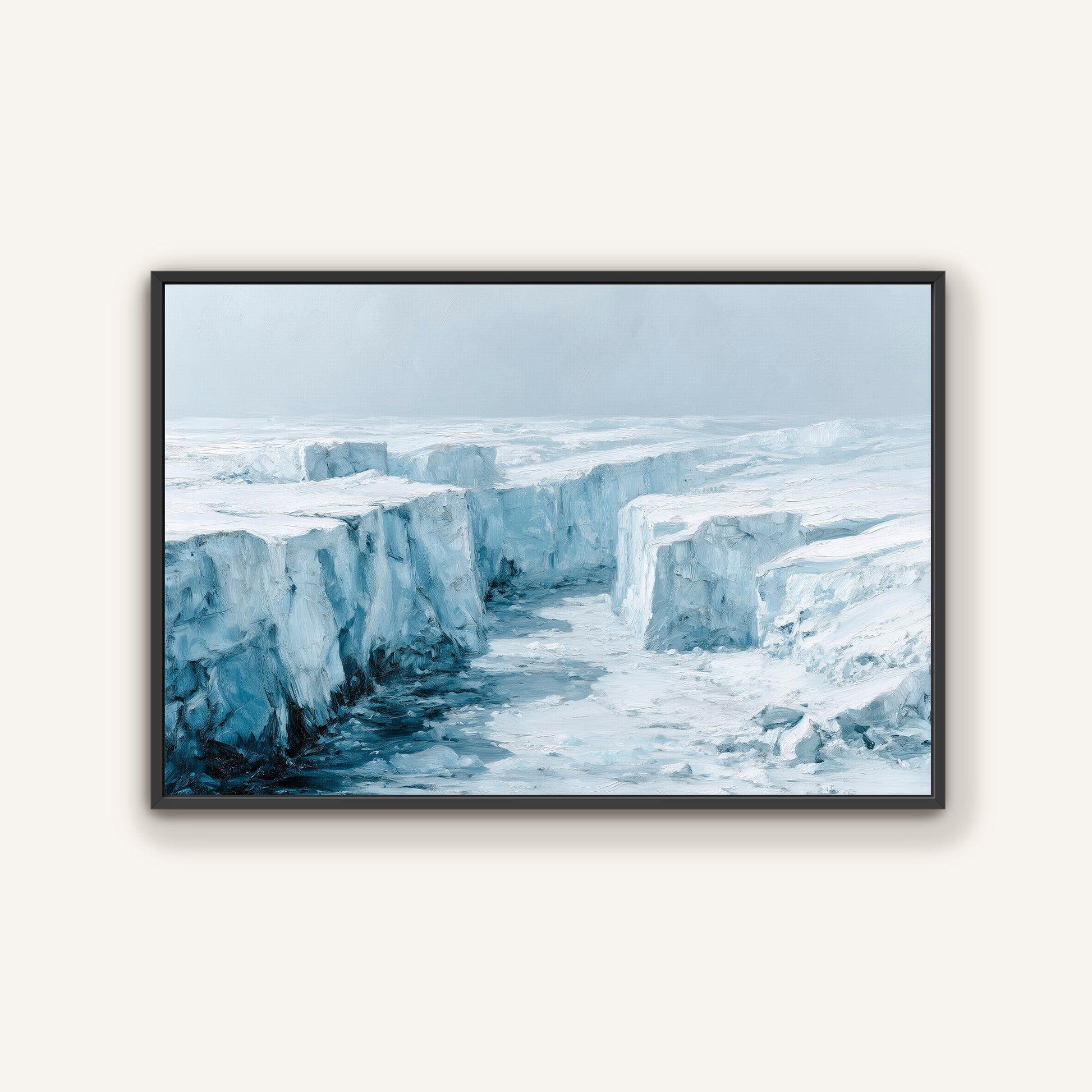 A framed painting depicting a vast, icy landscape with towering, jagged ice formations in the distance.