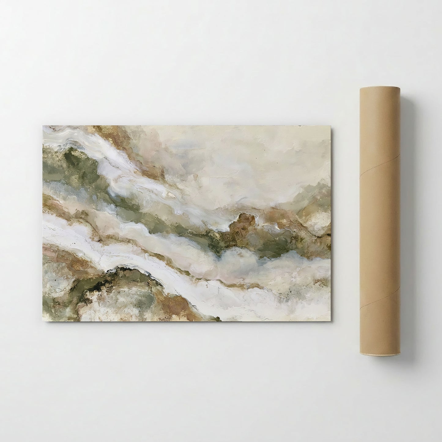 an abstract painting with a landscape-like background, depicting a cloudy sky and mountains.