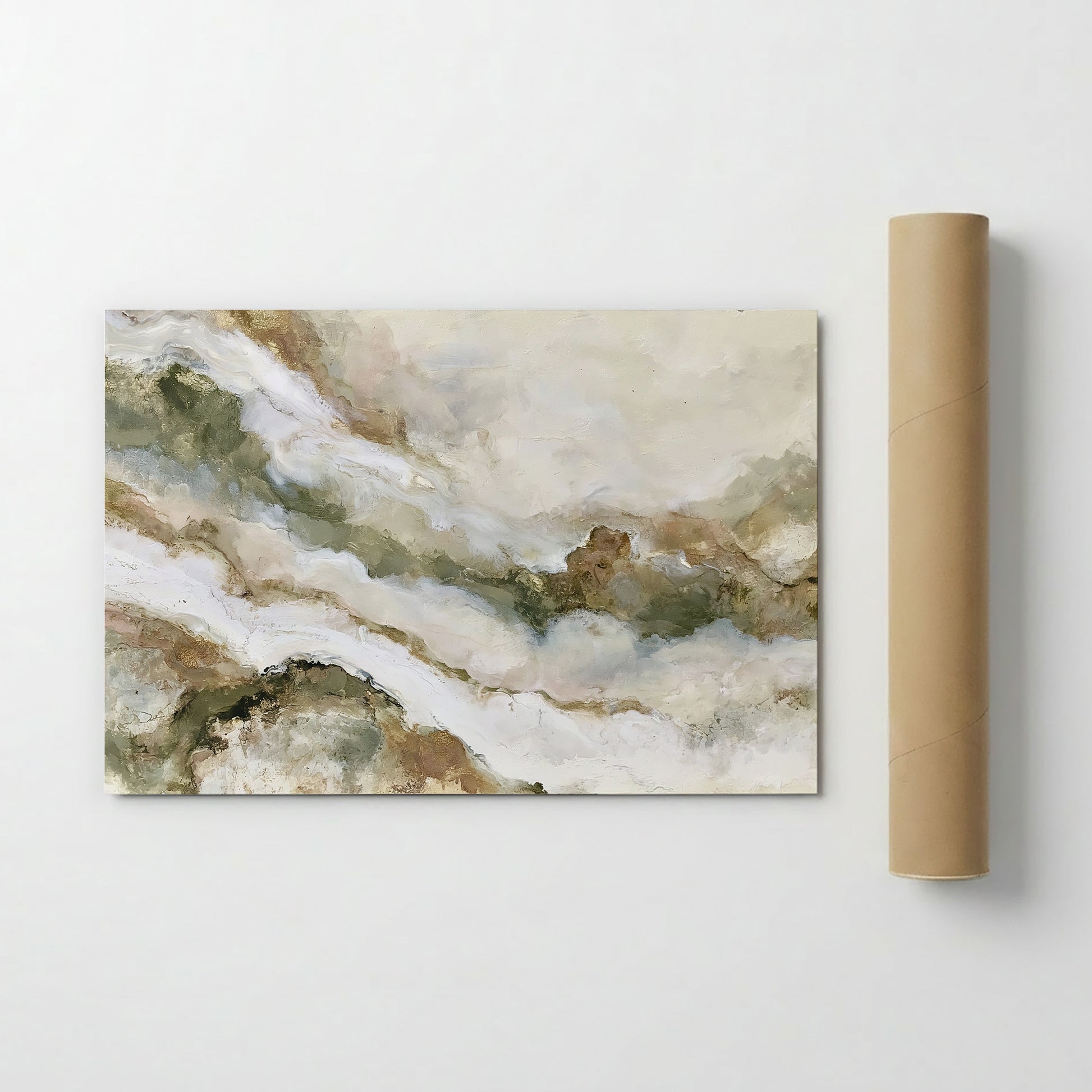 an abstract painting with a landscape-like background, depicting a cloudy sky and mountains.