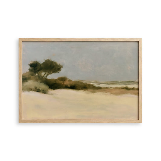 The image is a landscape painting depicting a serene beach scene with a sandy shore, trees, and a cloudy sky.