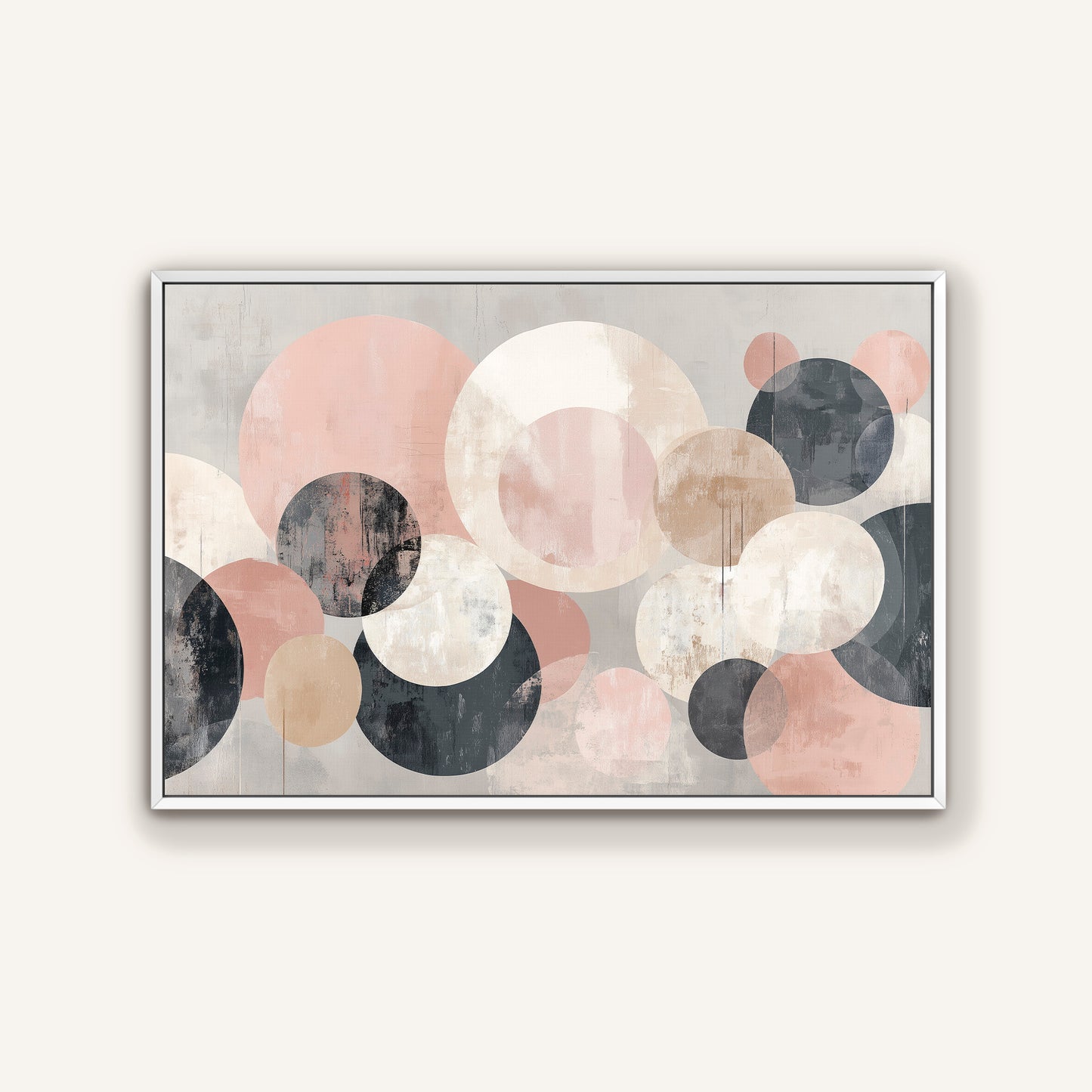 The image is a framed abstract art piece featuring a variety of overlapping circles in different shades of pink, gray, and black.