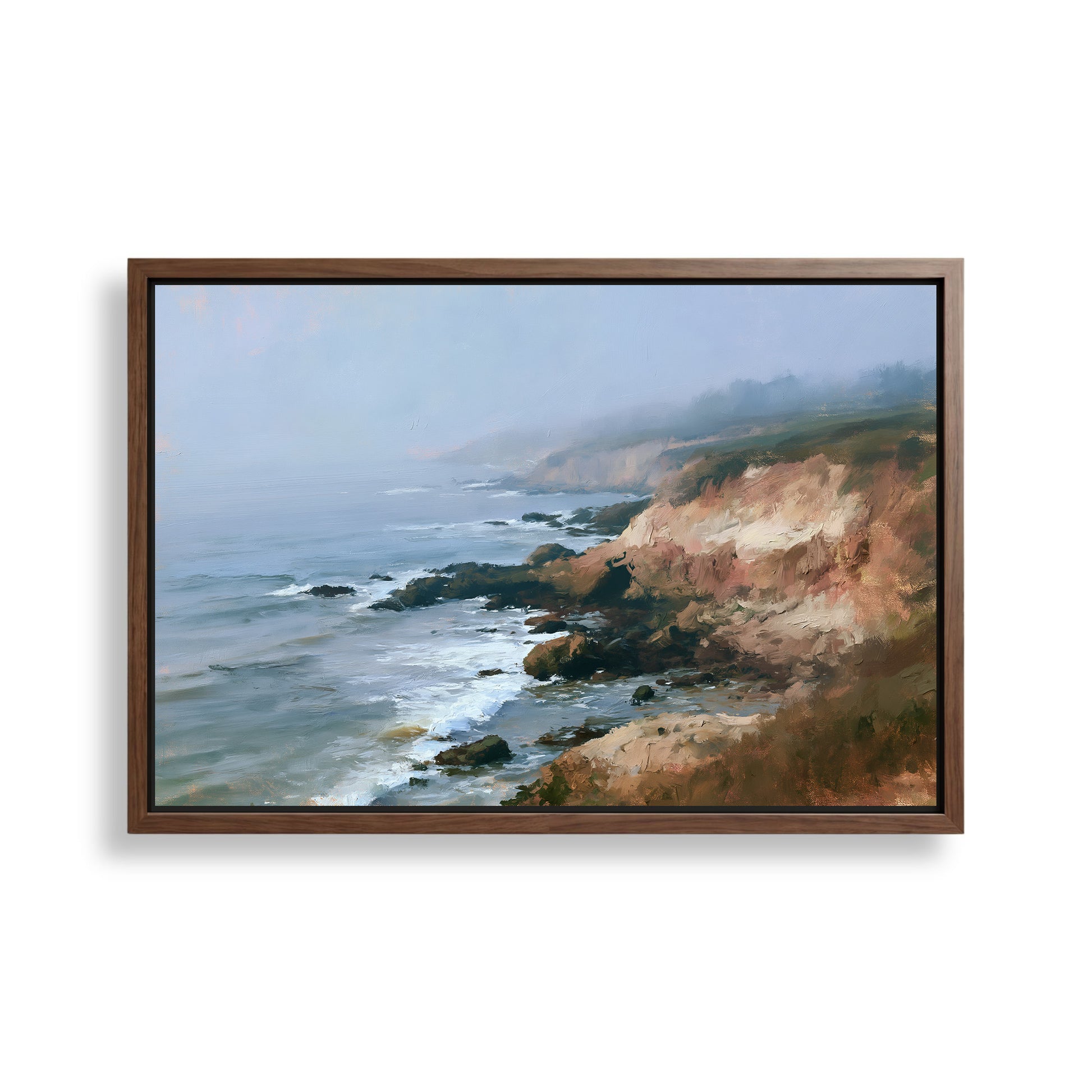 The image is a framed painting depicting a rocky coastline with crashing waves and a hazy sky.