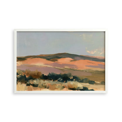 The image is a landscape painting depicting a desert scene with rolling hills and a clear sky.