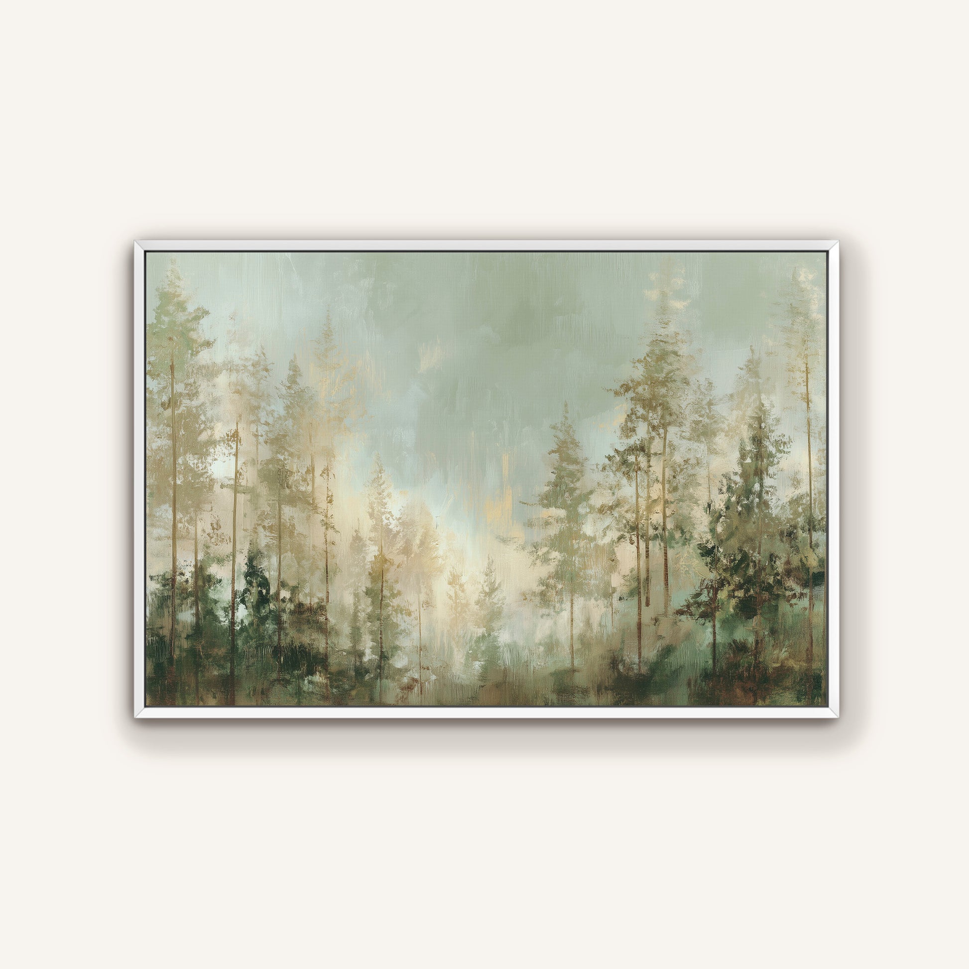 a serene forest scene with tall trees and a misty, hazy atmosphere.