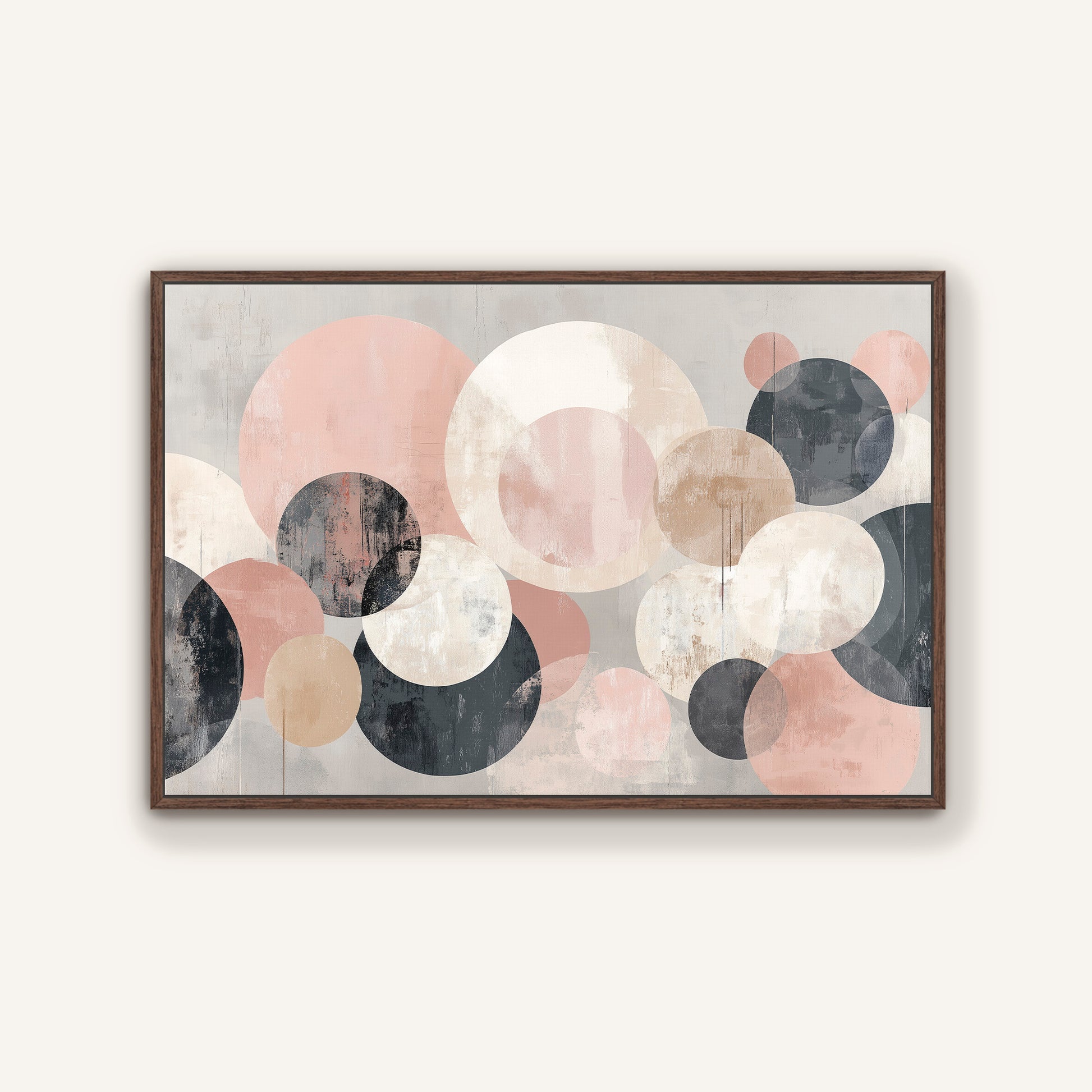 The image is a framed abstract art piece featuring a variety of overlapping circles in different shades of pink, gray, and black.