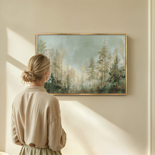 A woman stands in front of a painting, gazing at the artwork on the wall.