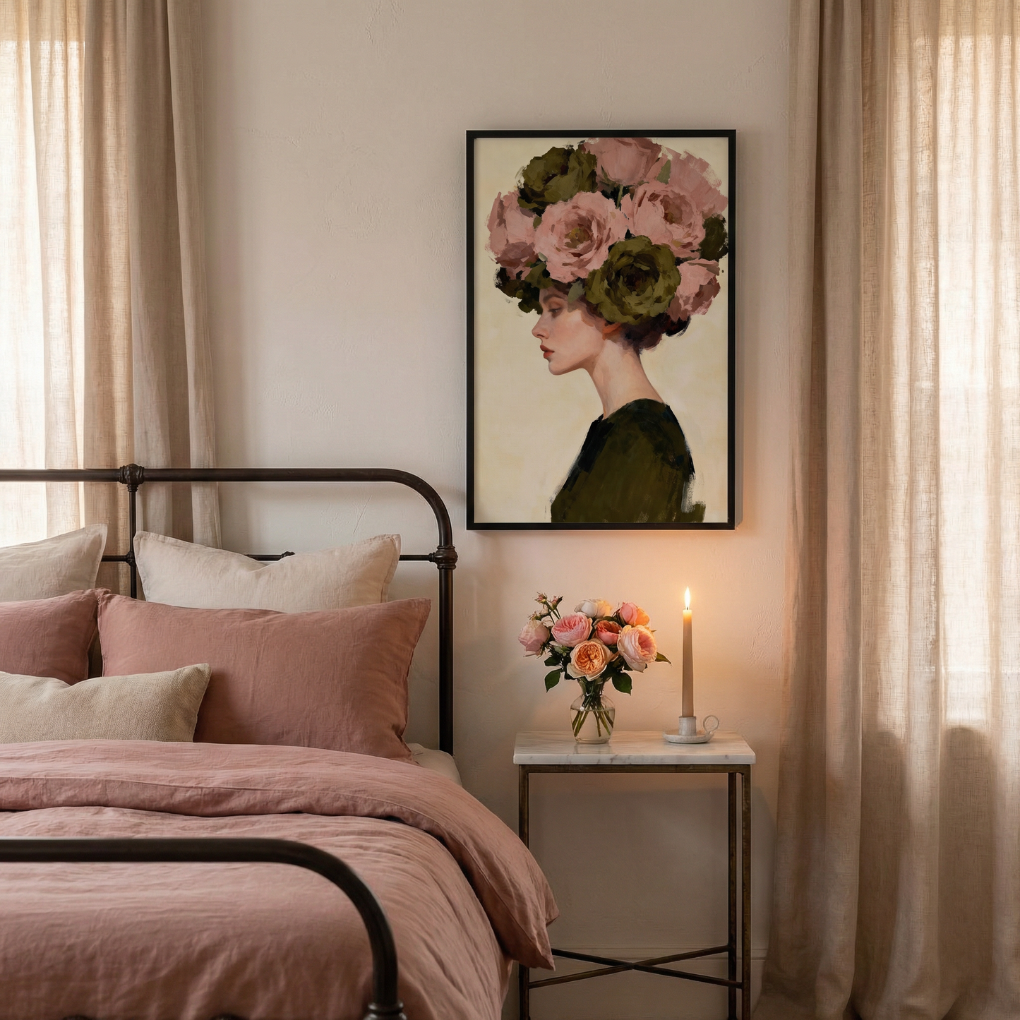a bedroom with a bed, a framed artwork of a woman with a floral headpiece, and a small table with a vase of flowers and a lit candle.