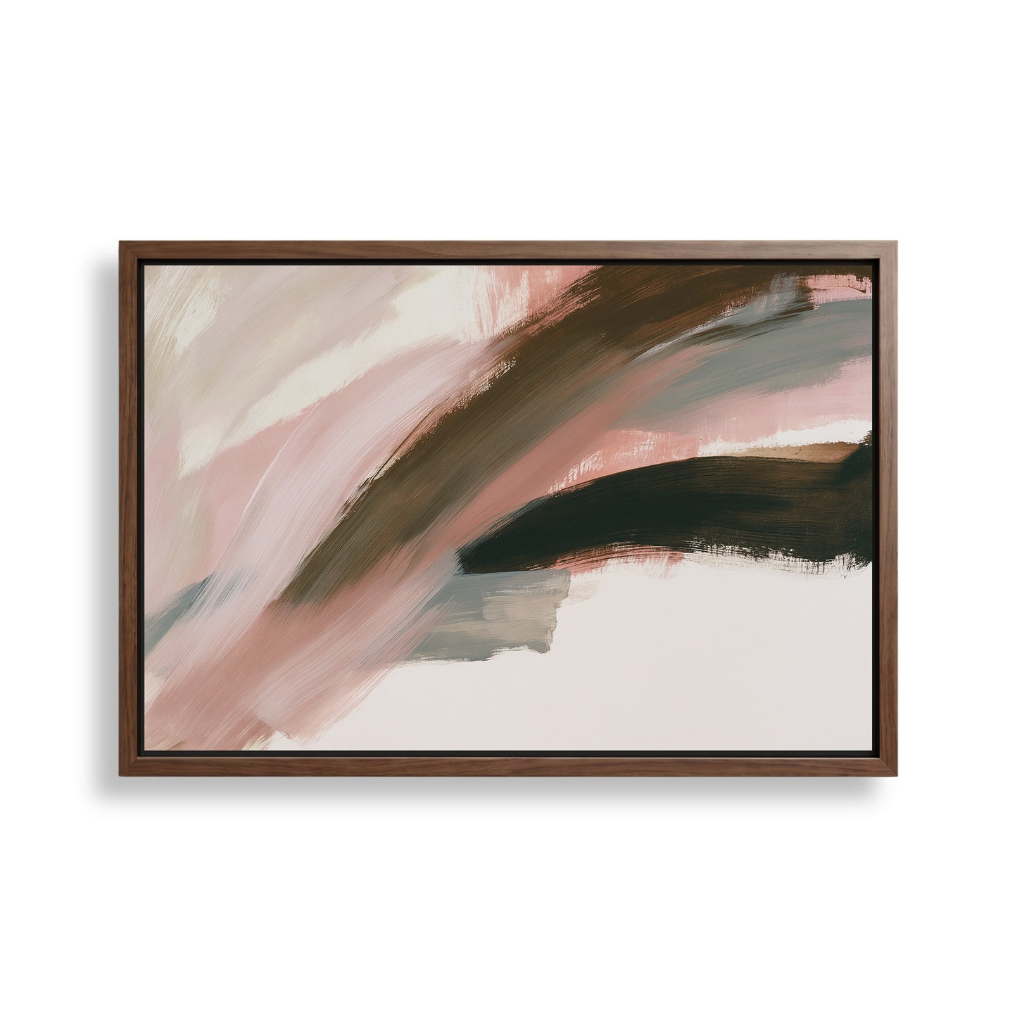 The image is a framed abstract painting with a mix of pink, brown, and black colors.