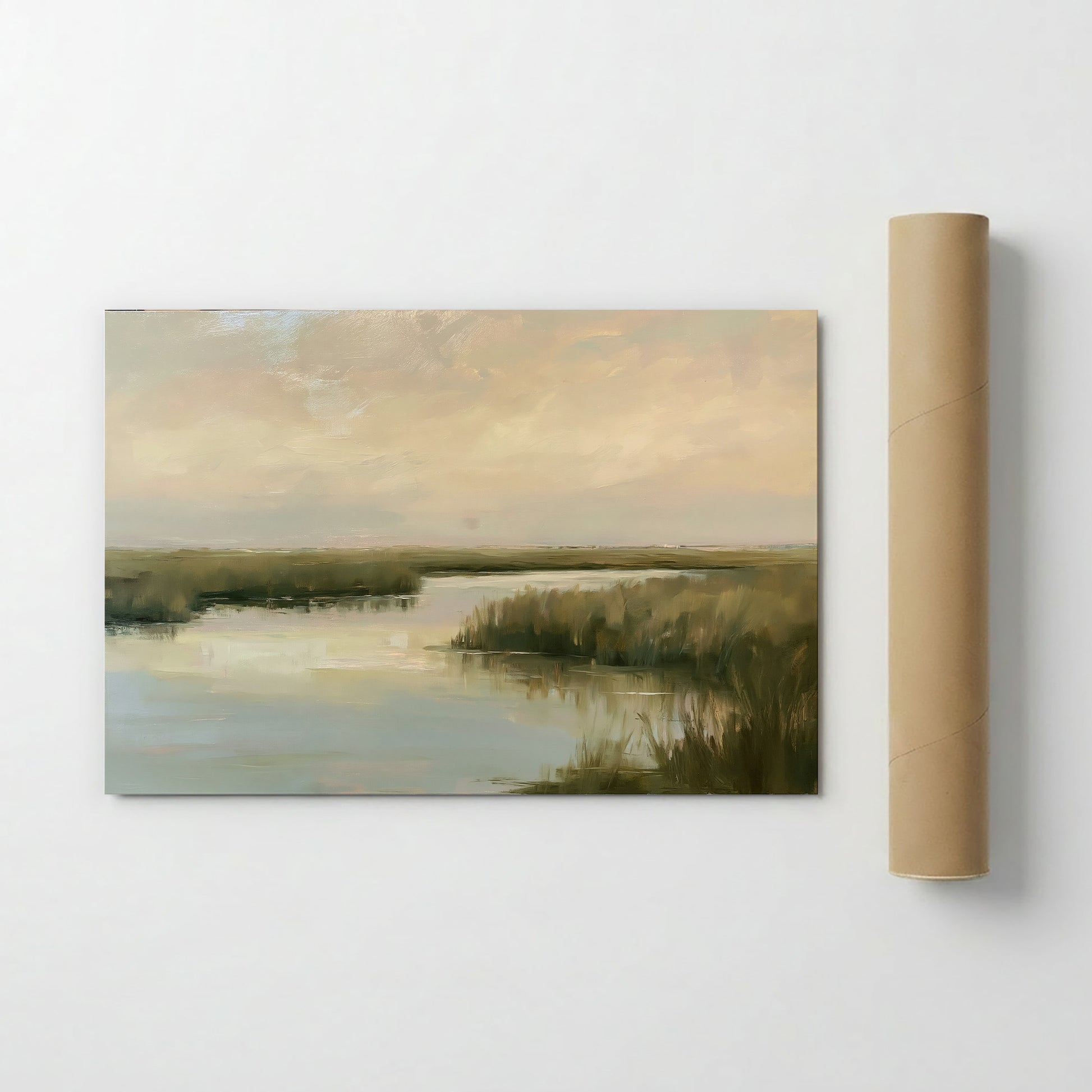 The image is a painting of a serene landscape depicting a calm body of water surrounded by lush vegetation.