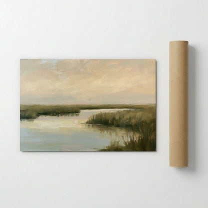The image is a painting of a serene landscape depicting a calm body of water surrounded by lush vegetation.
