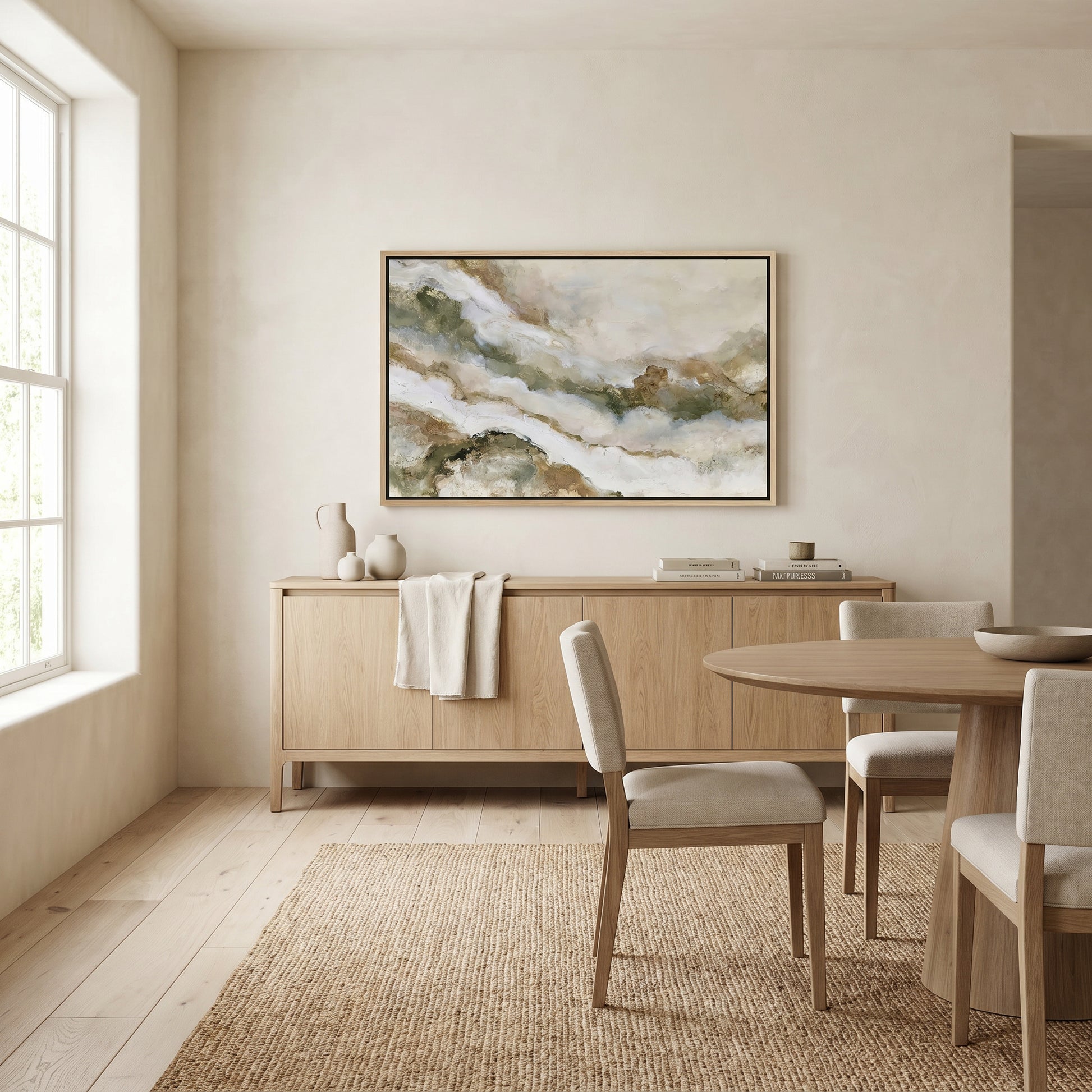 a modern and minimalist dining room with a large window, a wooden dining table, and matching chairs. A large abstract painting hangs on the wall above the table, adding an artistic touch to the space.