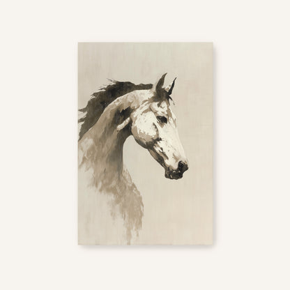 A black and white portrait of a horse, with its head turned to the side and its mane flowing.