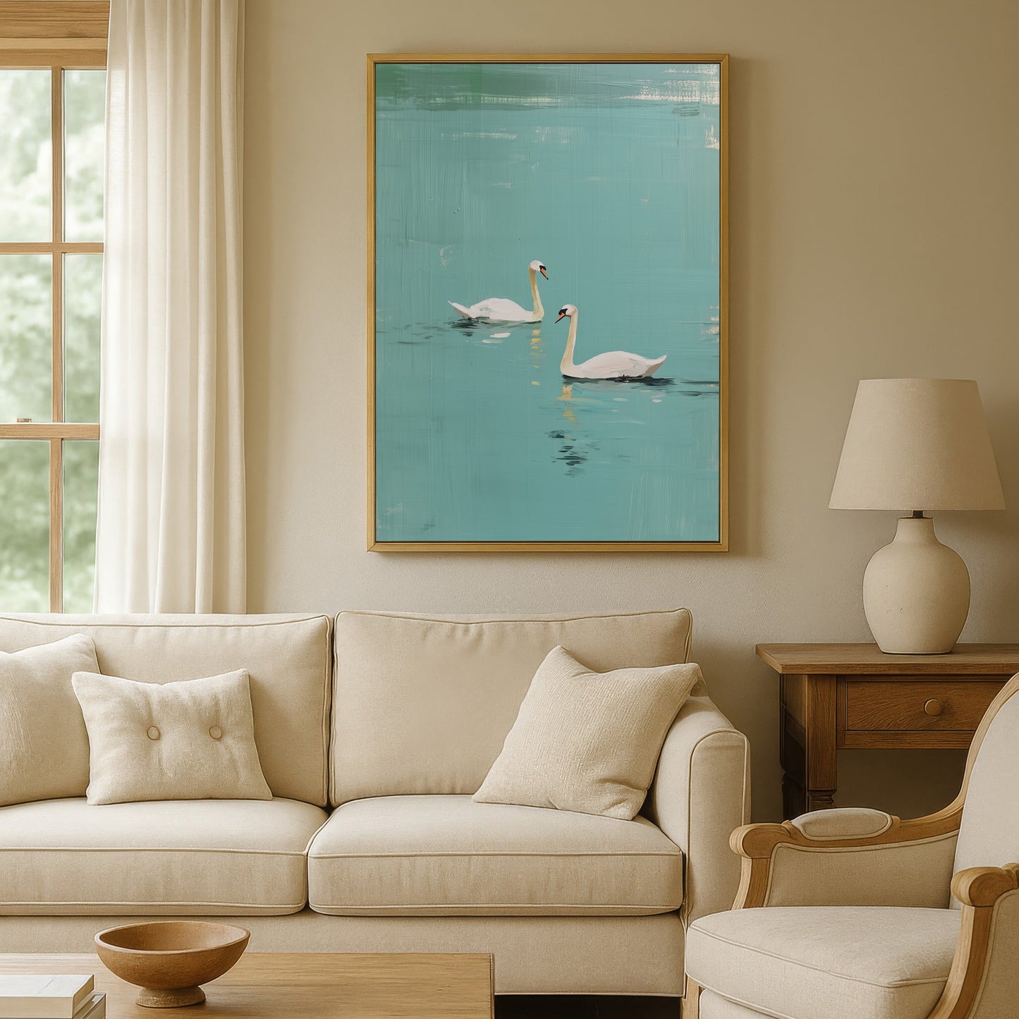 Gold framed swan lake wall art above neutral sofa in elegant living room interior, tranquil turquoise modern canvas