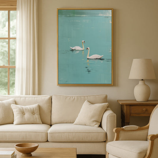 Gold framed swan lake wall art above neutral sofa in elegant living room interior, tranquil turquoise modern canvas