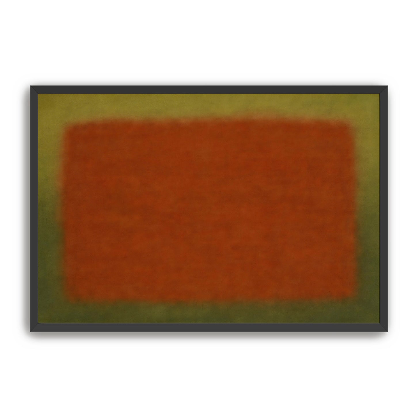 Close view of abstract rust and olive color field print in a black frame