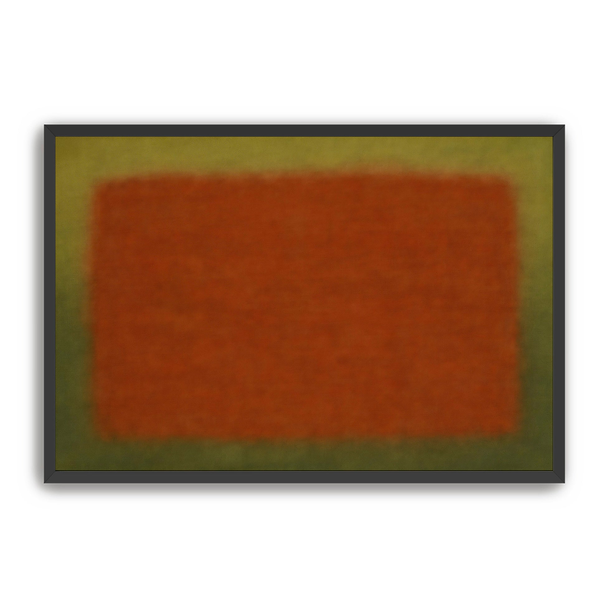 Close view of abstract rust and olive color field print in a black frame