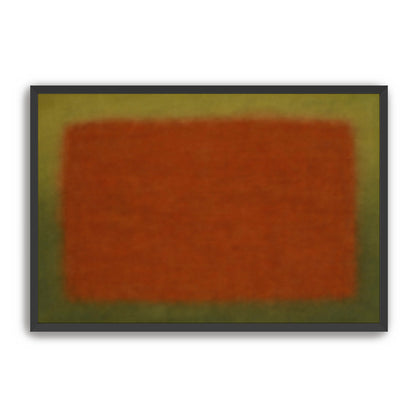 Close view of abstract rust and olive color field print in a black frame