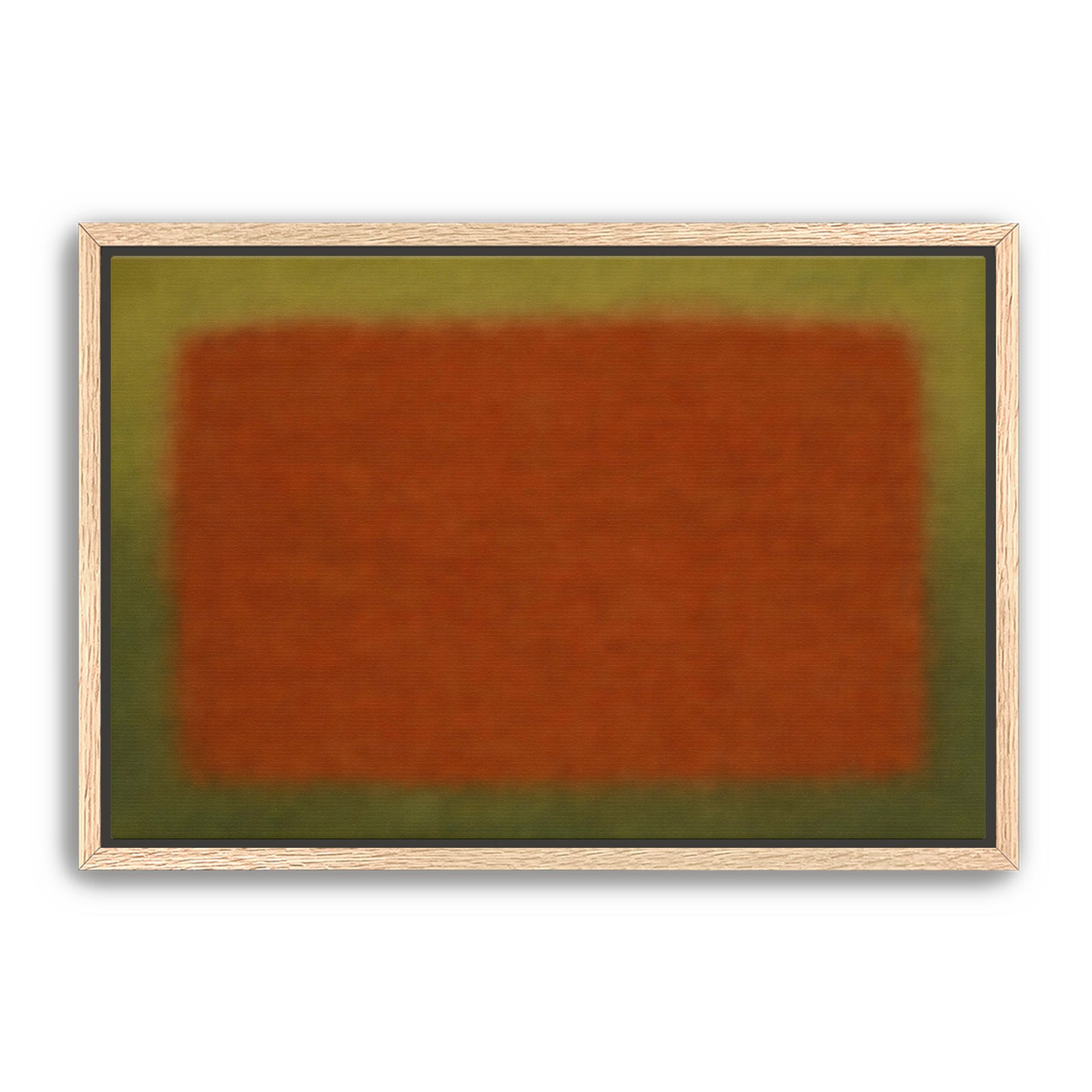 Minimal abstract rust and olive color field print in a light wood frame