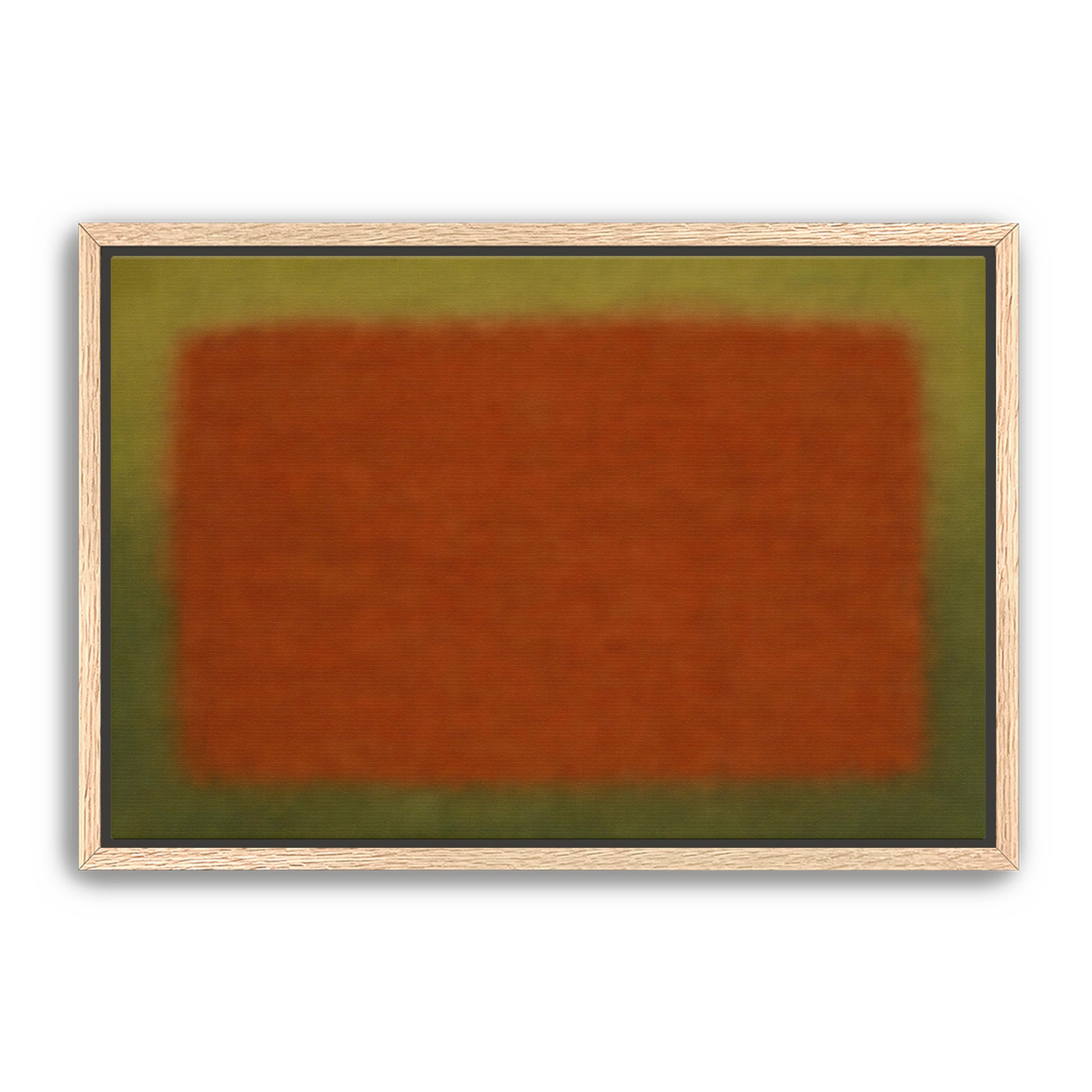 Minimal abstract rust and olive color field print in a light wood frame