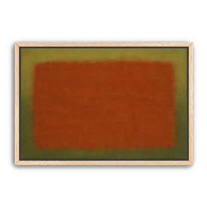Minimal abstract rust and olive color field print in a light wood frame