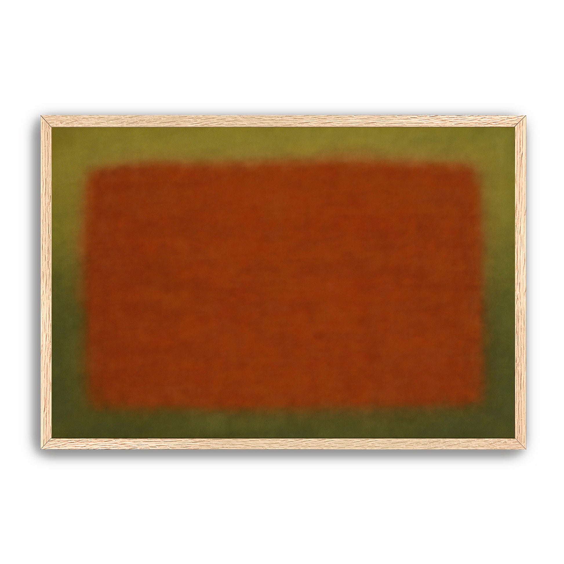 Close view of abstract rust and olive color field print in a light wood frame