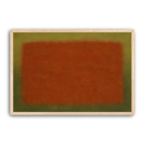 Close view of abstract rust and olive color field print in a light wood frame