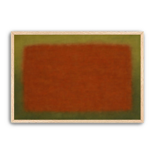 Close view of abstract rust and olive color field print in a light wood frame