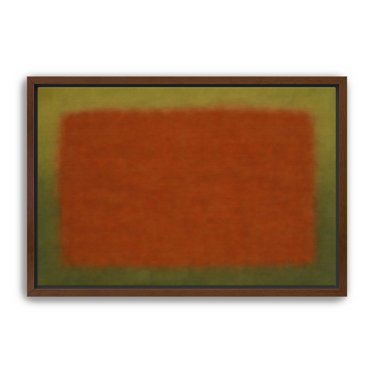 Minimal abstract rust and olive color field print in a dark wood frame