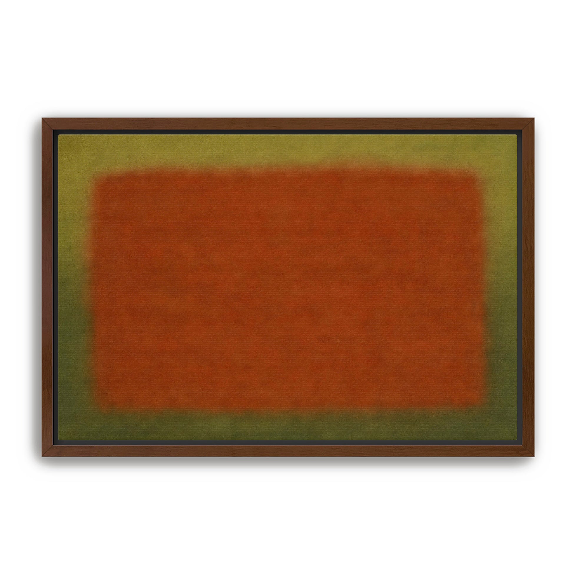 Minimal abstract rust and olive color field print in a dark wood frame