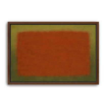 Minimal abstract rust and olive color field print in a dark wood frame
